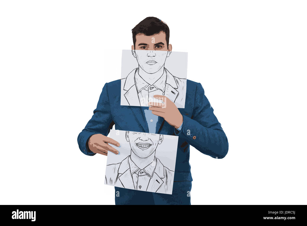 Illustration der Geschäftsmann hält zwei Papiere mit verschiedene Emotionen gezeichnet, ein Versteck halbe Gesicht mit wütenden Expressionon und ein weiteres mit einem glücklich fa Stockfoto