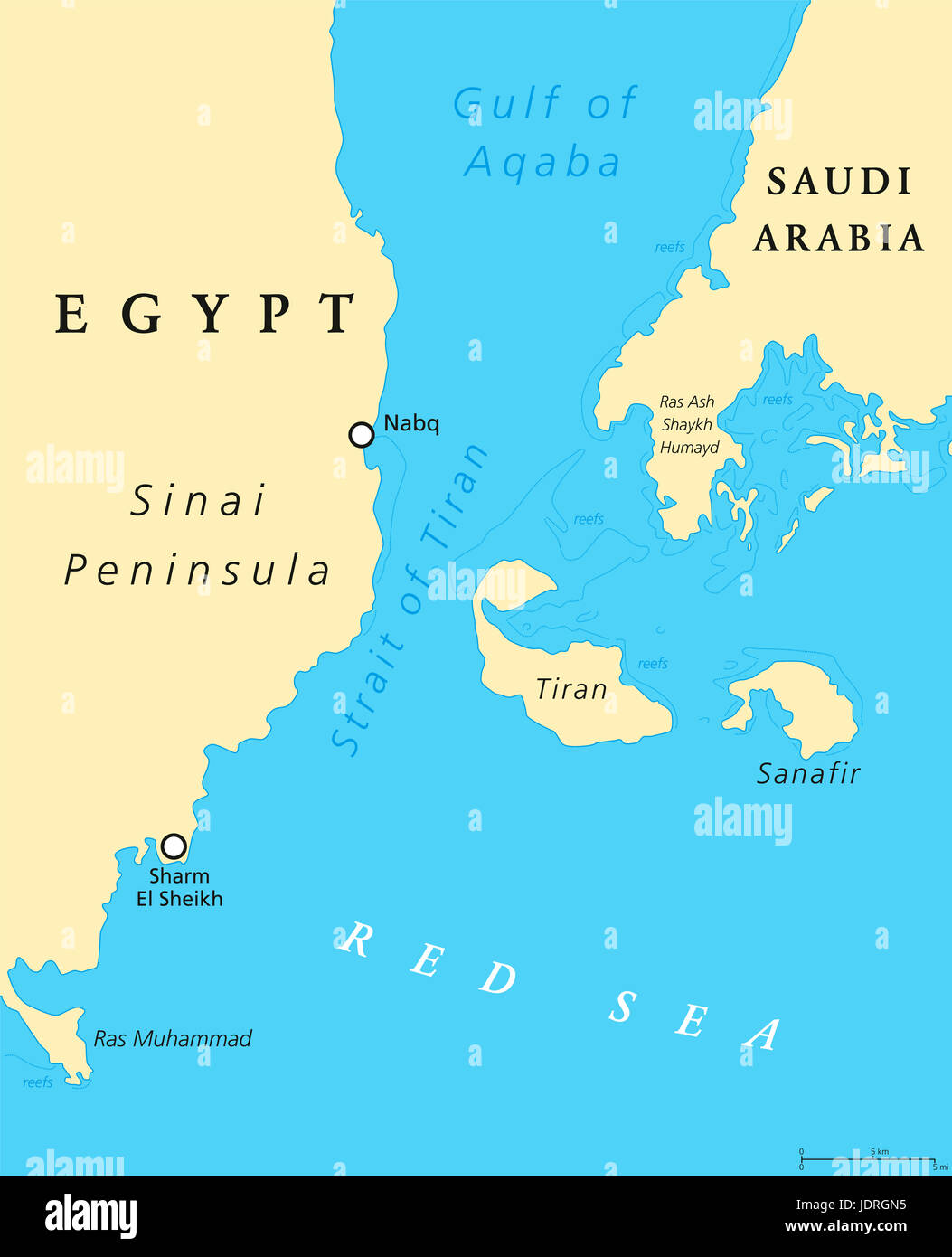Politische Karte der Straße von Tiran. Schmalen Durchgang zwischen Sinai und arabischen Halbinseln, trennt den Golf von Aqaba vom Roten Meer. Stockfoto