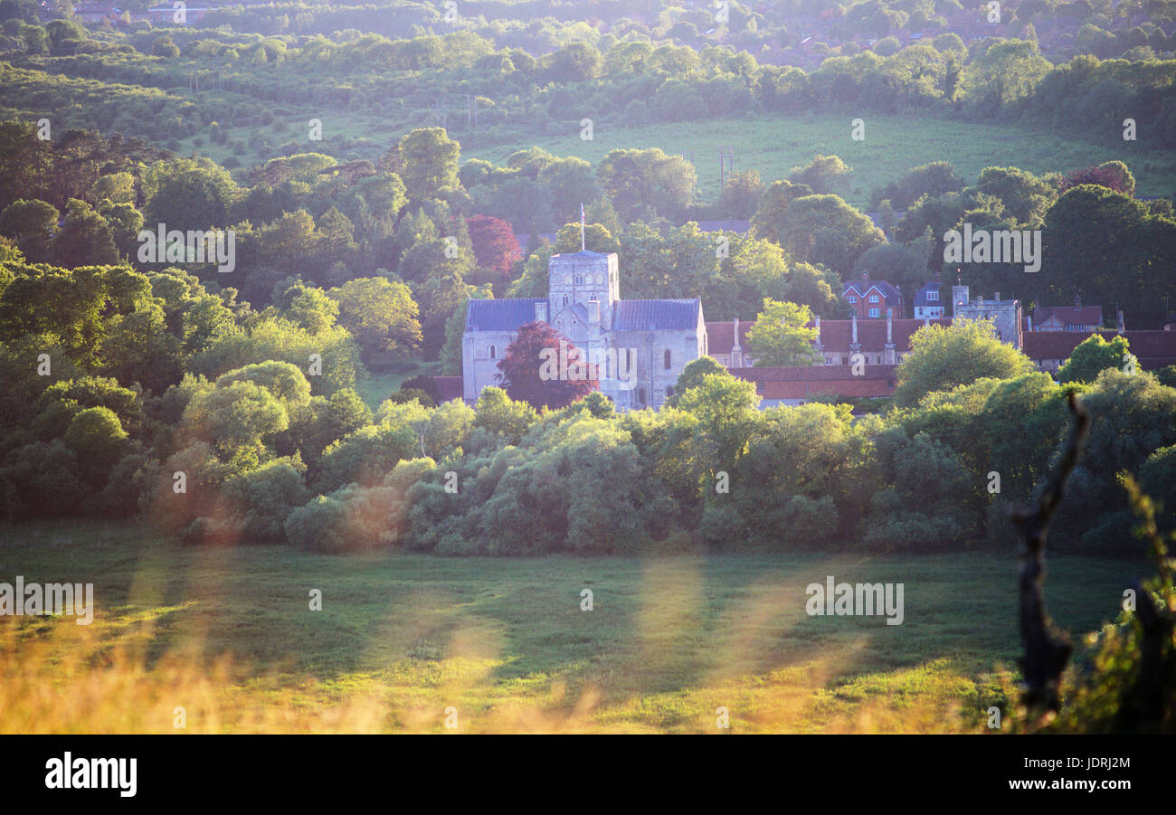 Das Krankenhaus der Hl. Kreuz und Armenhaus des Edlen Armut im Abendlicht in der Nähe von Winchester, Hampshire, UK, als von der Hl. Katharina's Hill gesehen Stockfoto
