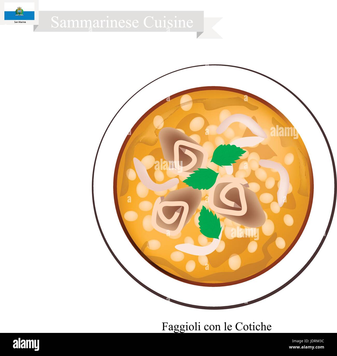 Sammarinese Küche, Faggioli con le Cotiche oder traditionelle Suppe gebildet von Bohnen und Speck serviert in der Regel zu Weihnachten. Einer der bekannteste Gericht der Stock Vektor