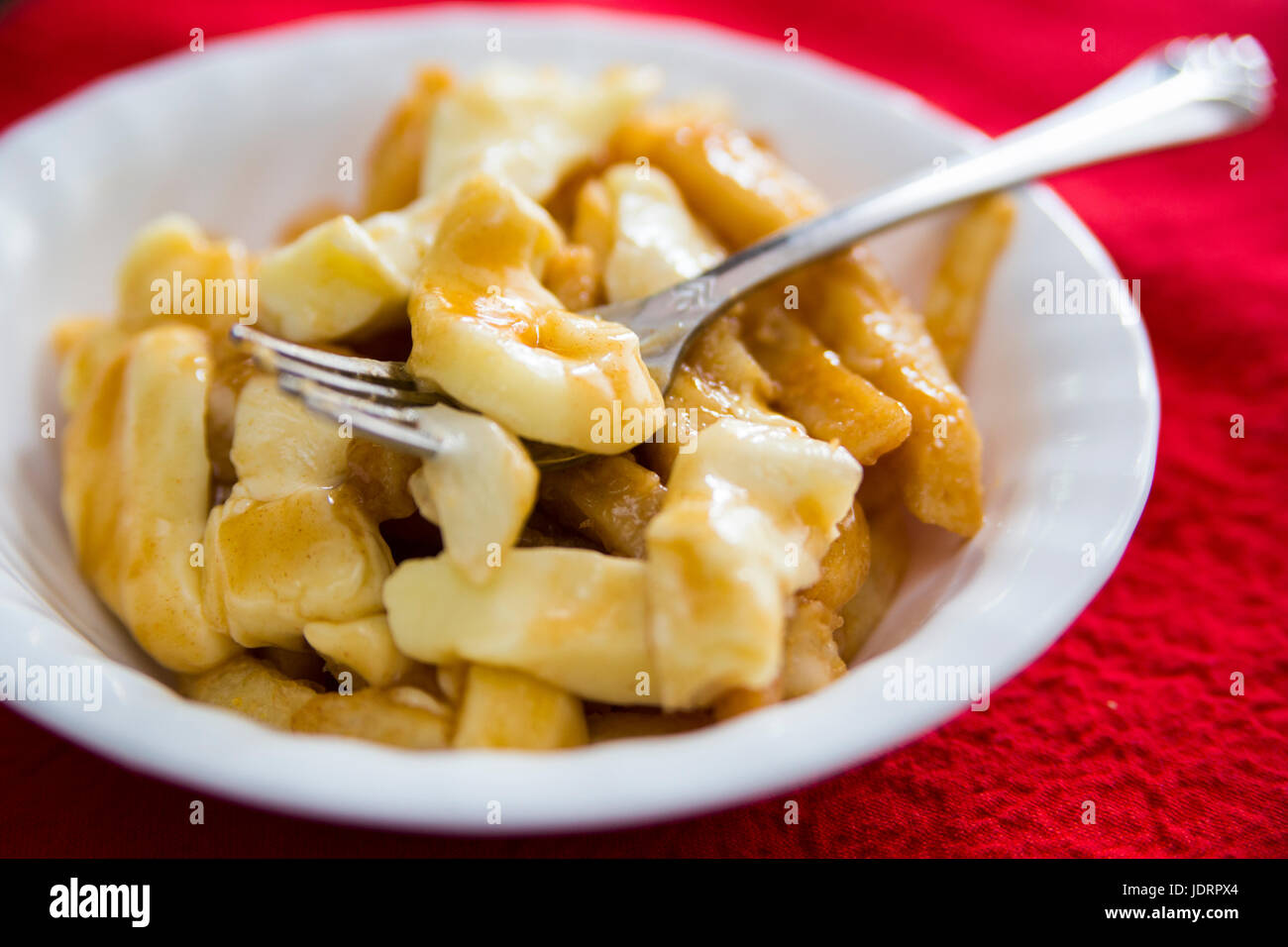 Poutine Quebec Mahlzeit mit Pommes frites, Soße und Käse Quark Stockfoto