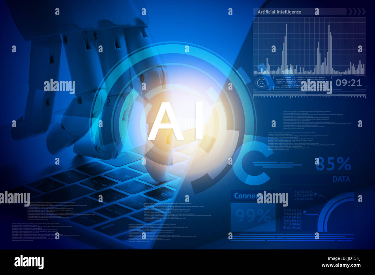 Künstliche Intelligenz, Robo-Berater, Roboter-Konzept. Roboter Finger zeigen Laptop-Taste. AI-Text und Grafik mit blauem Hintergrund. Stockfoto
