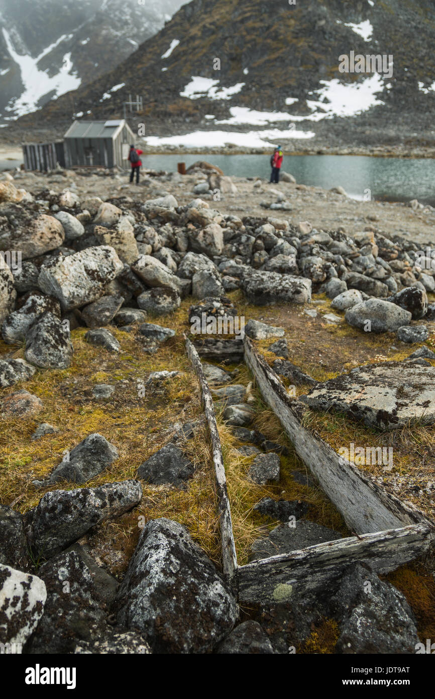 Das leere Grab von einem alten Walfänger liegt offen an der Luft in der Nähe einer Hütte, die noch von Jägern in Spitzbergen verwendet wird Stockfoto