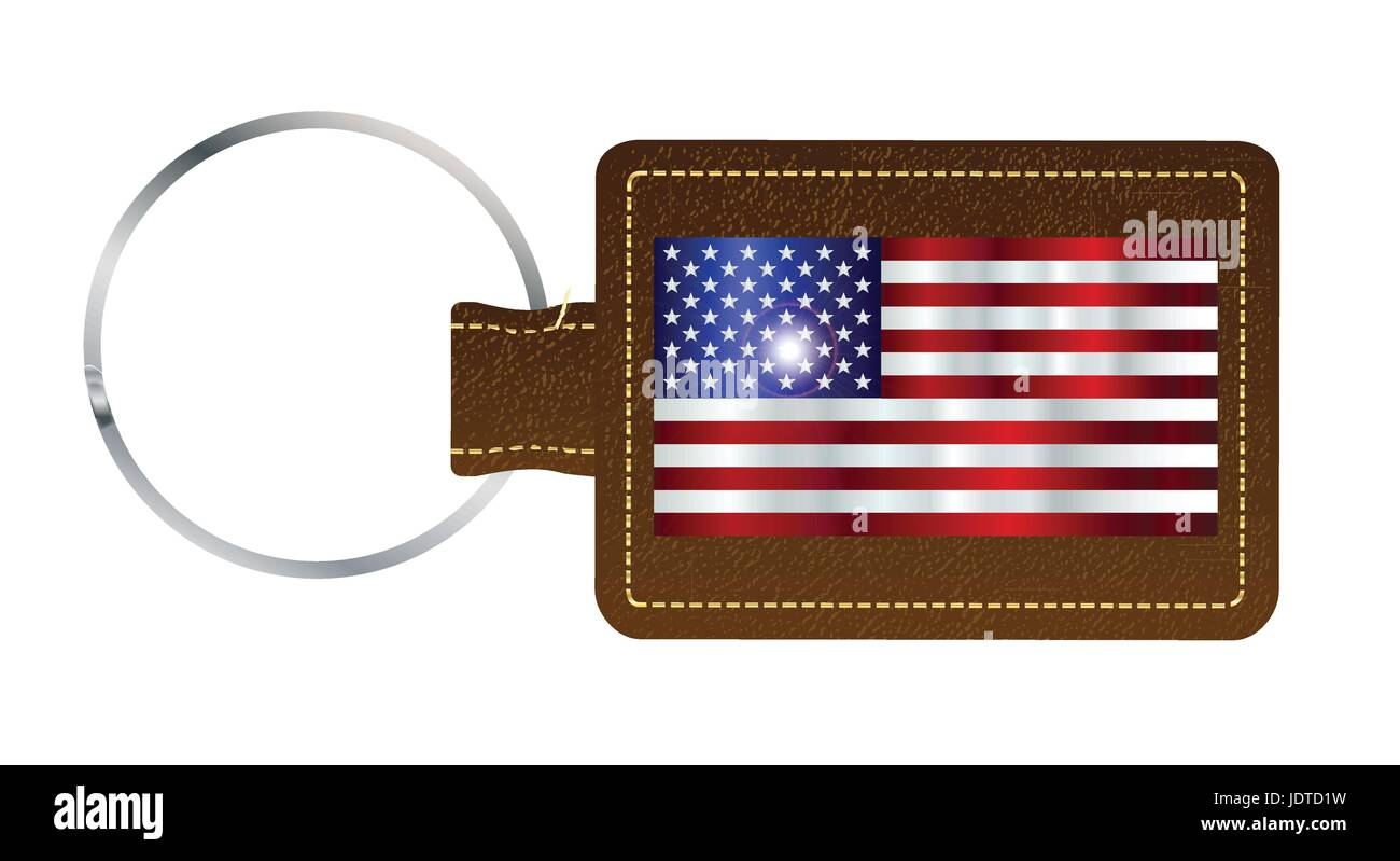 Eine braune Leder Schlüsselanhänger und Ring über einen weißen Hintergrund mit der Flagge der Vereinigten Staaten von Amerika Stock Vektor