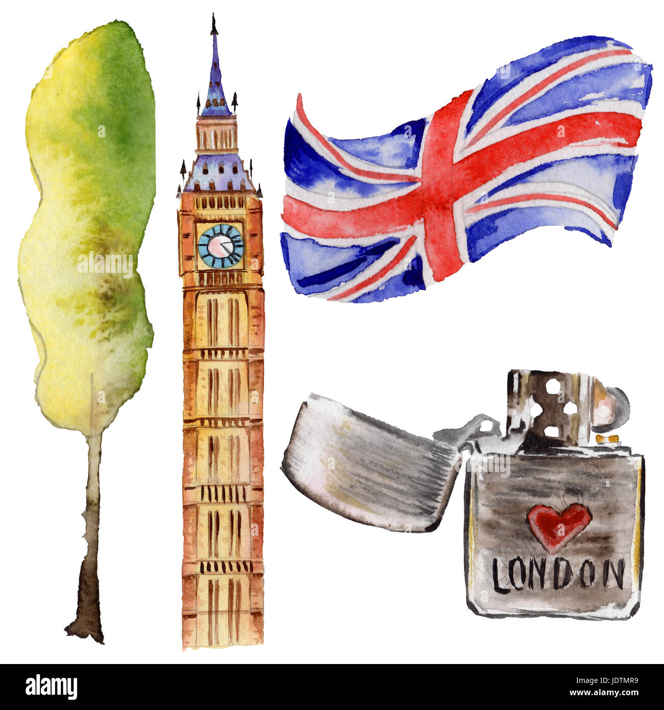 Aquarell London Abbildung. Great Britain hand gezeichnete Symbole. Stockfoto