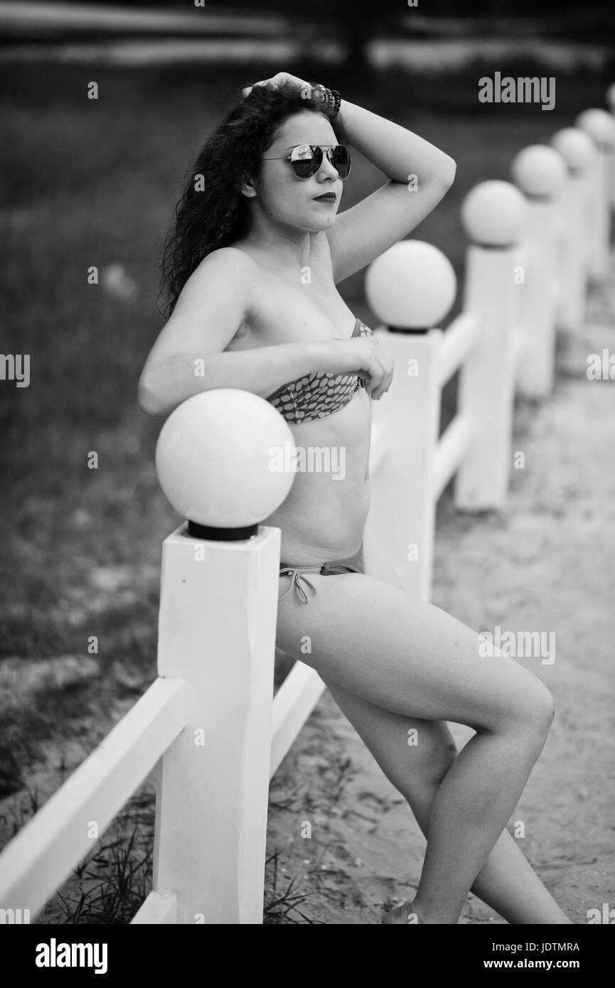 Porträt eines schönen Modells posieren gegen den Zaun in Sonnenbrillen in See. Schwarz / weiß Foto. Stockfoto