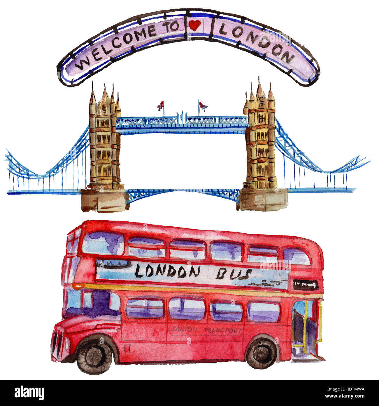 Aquarell London Abbildung. Great Britain hand gezeichnete Symbole. Britischen bus Stockfoto