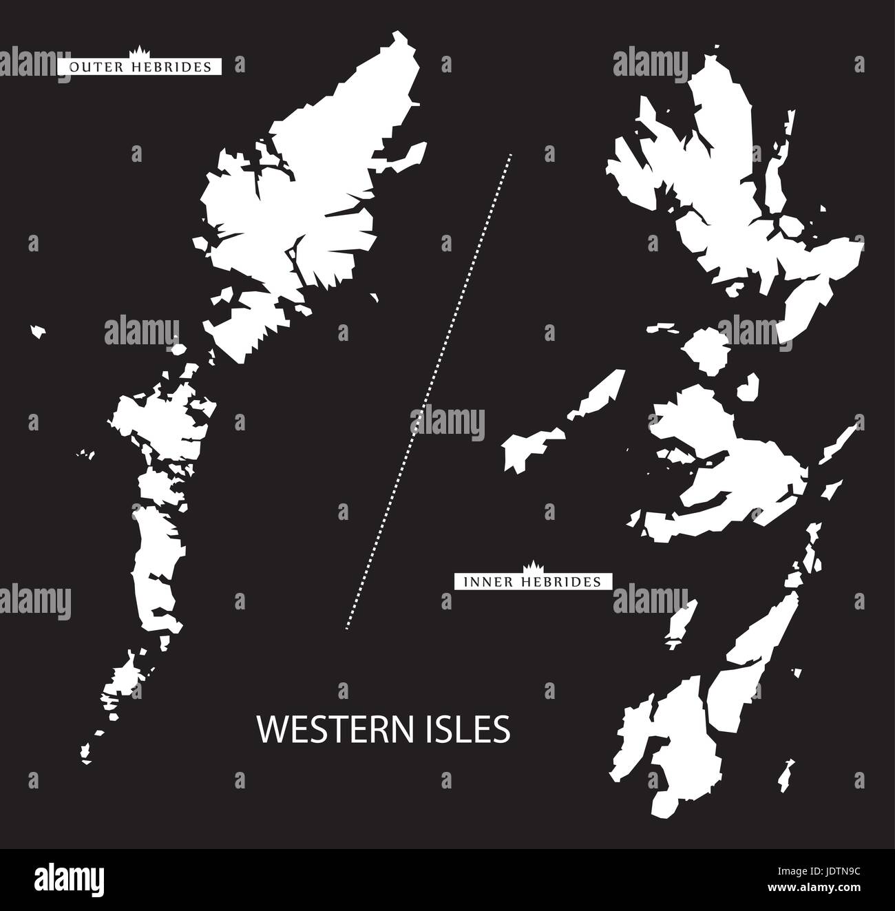 Western Isles of Scotland Karte schwarze Silhouette invertierte Darstellung Stock Vektor