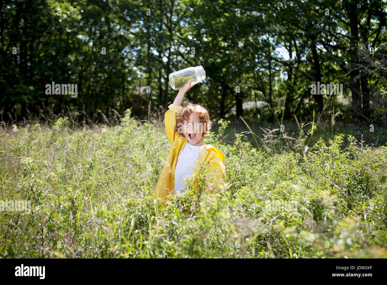 Mädchen mit Krug in Feld hohem Gras Stockfoto