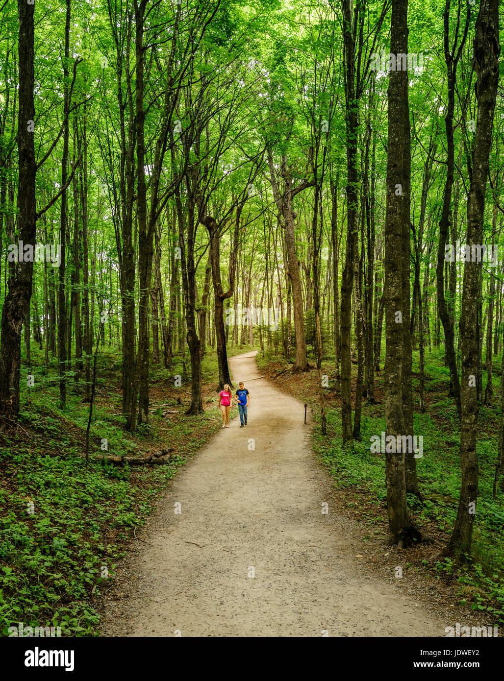 Im Bild Rocks National Lakeshore, Michigan, 10. August 2016: junges Paar ist zu Fuß auf einem Pfad nach Bergleute fällt - ein beliebtes Touristenziel in Up Stockfoto