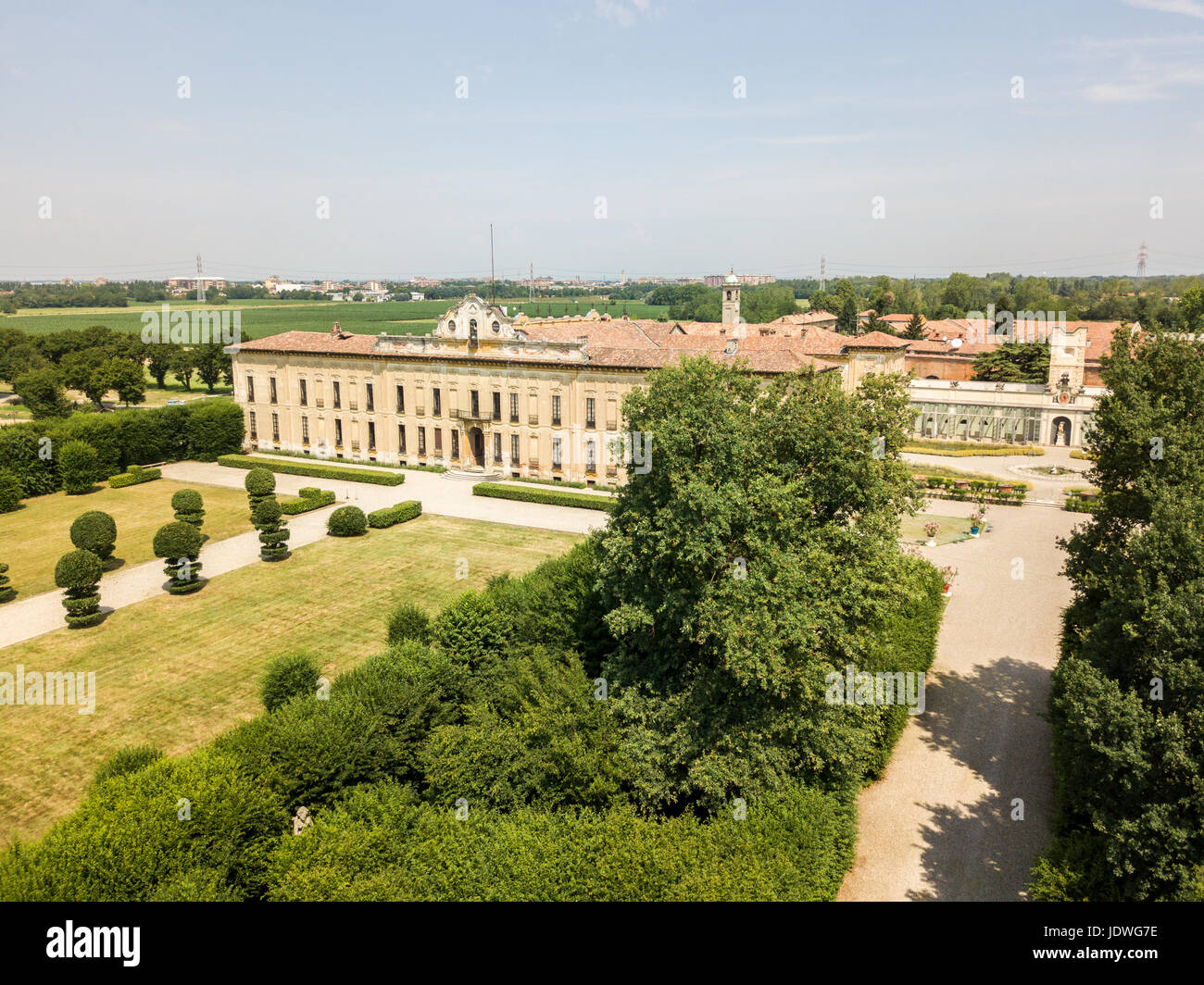 Villa Arconati, Castellazzo, Bollate, Mailand, Italien. Luftaufnahme der Villa Arconati 21.06.2017. Gärten und Parks, Groane Park. Palast, Barock pal Stockfoto