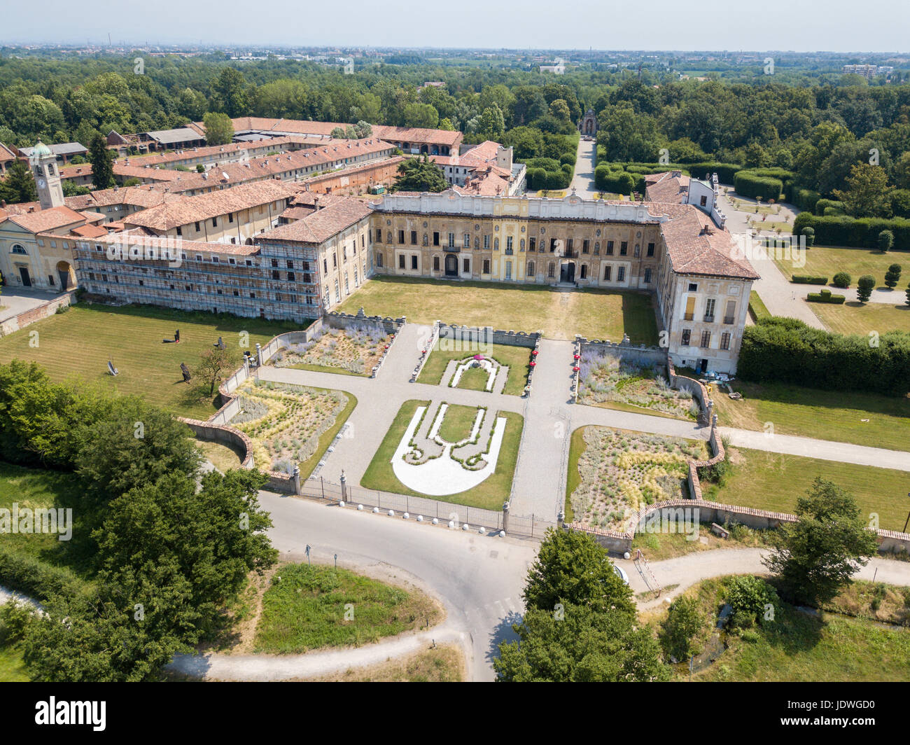 Villa Arconati, Castellazzo, Bollate, Mailand, Italien. Luftaufnahme der Villa Arconati 21.06.2017. Gärten und Parks, Groane Park. Palast, Barock pal Stockfoto