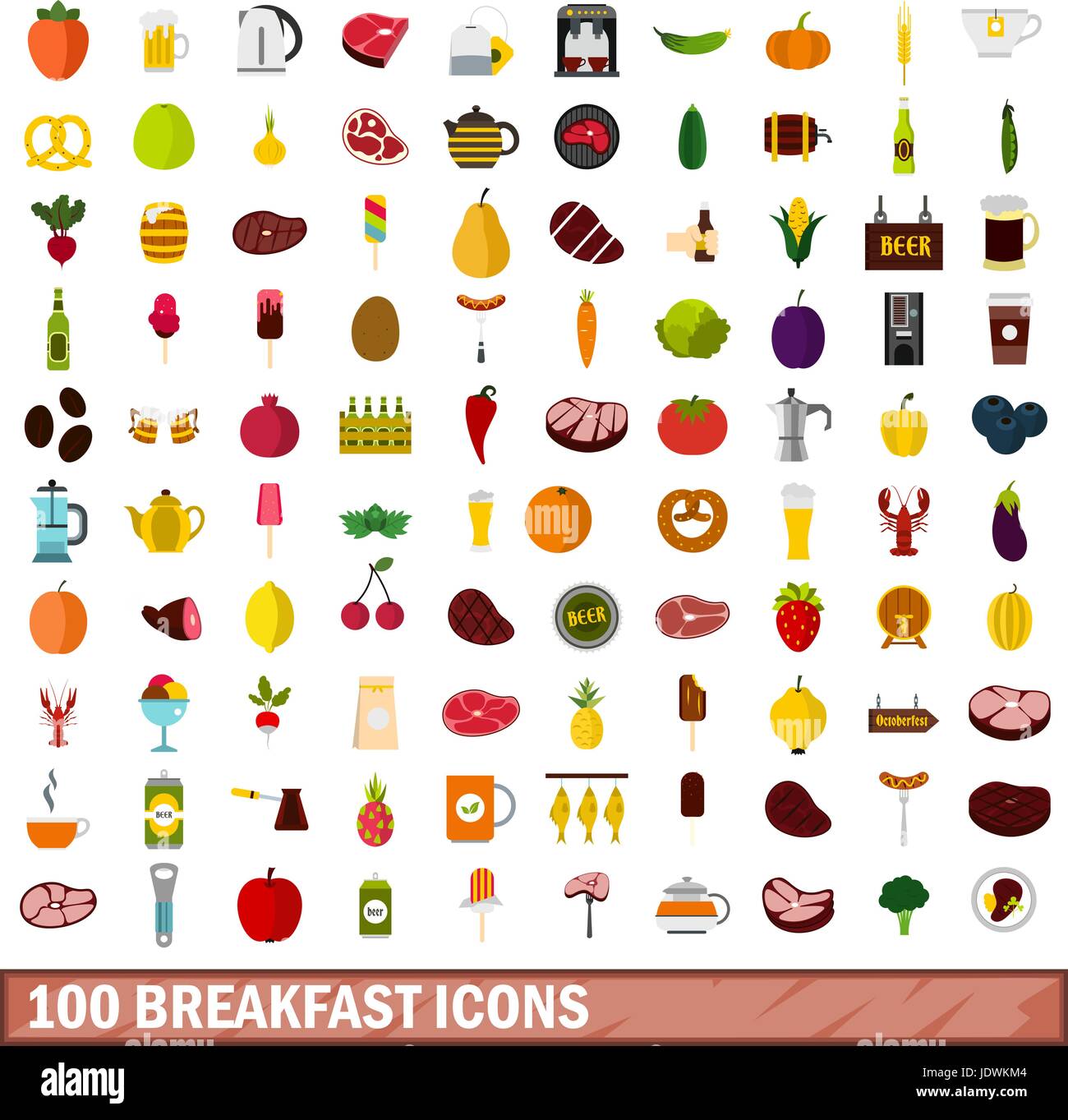 100 Frühstück Icons set, flach Stil Stock Vektor