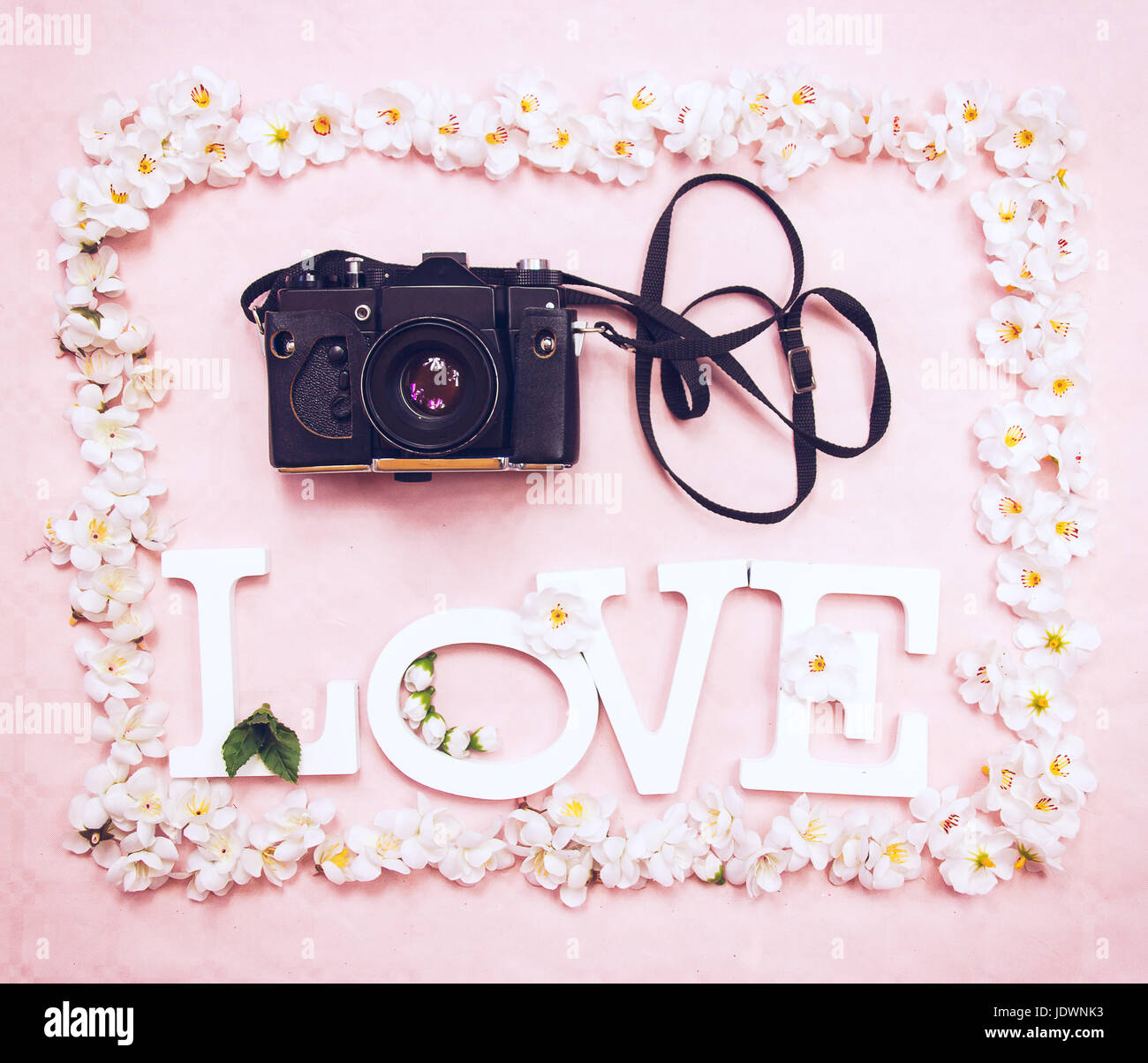 Ein Rahmen aus Blumen mit einer Kamera und das Wort 'Liebe' verreisen Stockfoto