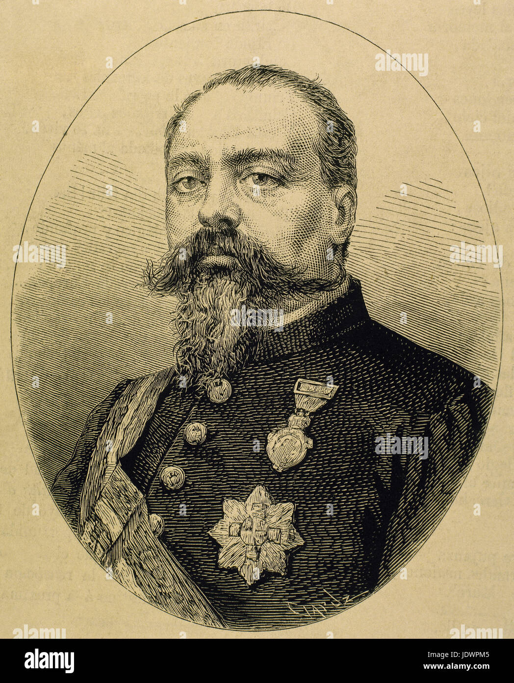 Joaquin Peralta Perez de Salcedo (1823-1876). Militärische und spanischer Politiker. Porträt. Kupferstich von Capuz. "La Ilustracion Espanola y Americana", 1876. Stockfoto
