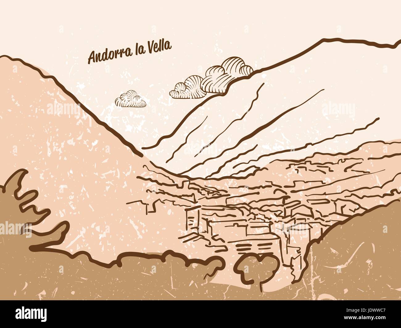 Andorra la Vella-Grußkarte, Hand gezeichnete Bild, berühmte europäische Hauptstadt, Vintage-Stil, Vektor-Illustration Stock Vektor