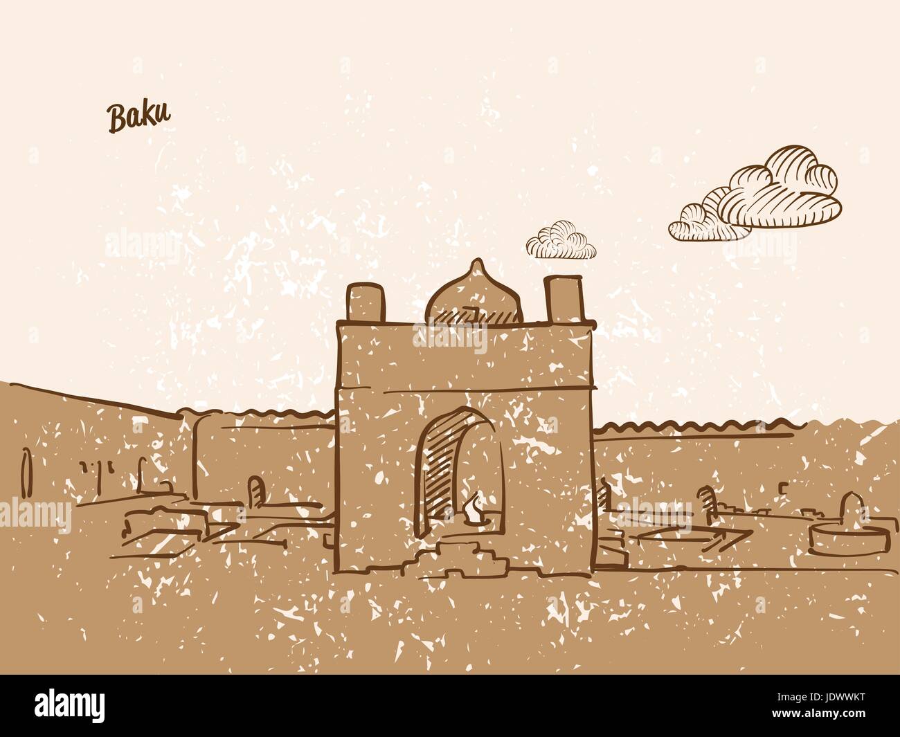 Baku, Aserbaidschan, Grußkarte, Hand gezeichnete Bild, berühmten europäischen Hauptstadt, Vintage-Stil, Vektor-Illustration Stock Vektor