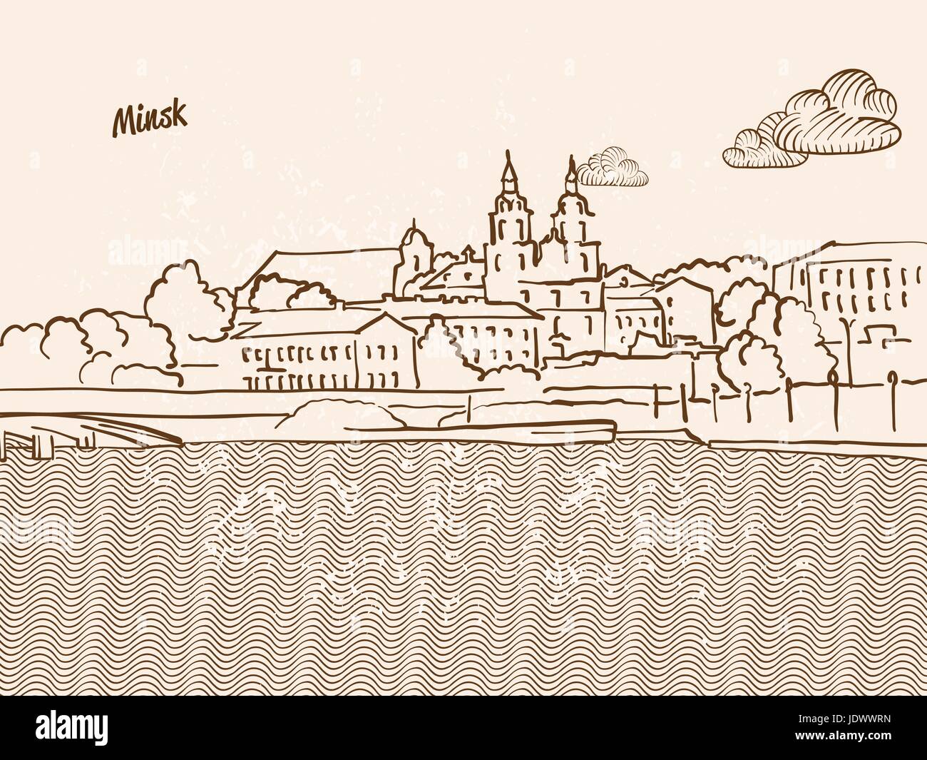 Minsk, Belarus, Grußkarte, Hand gezeichnete Bild, berühmten europäischen Hauptstadt, Vintage-Stil, Vektor-Illustration Stock Vektor
