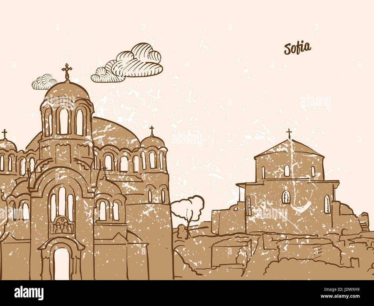 Sofia, Bulgarien, Grußkarte, Hand gezeichnete Bild, berühmten europäischen Hauptstadt, Vintage-Stil, Vektor-Illustration Stock Vektor