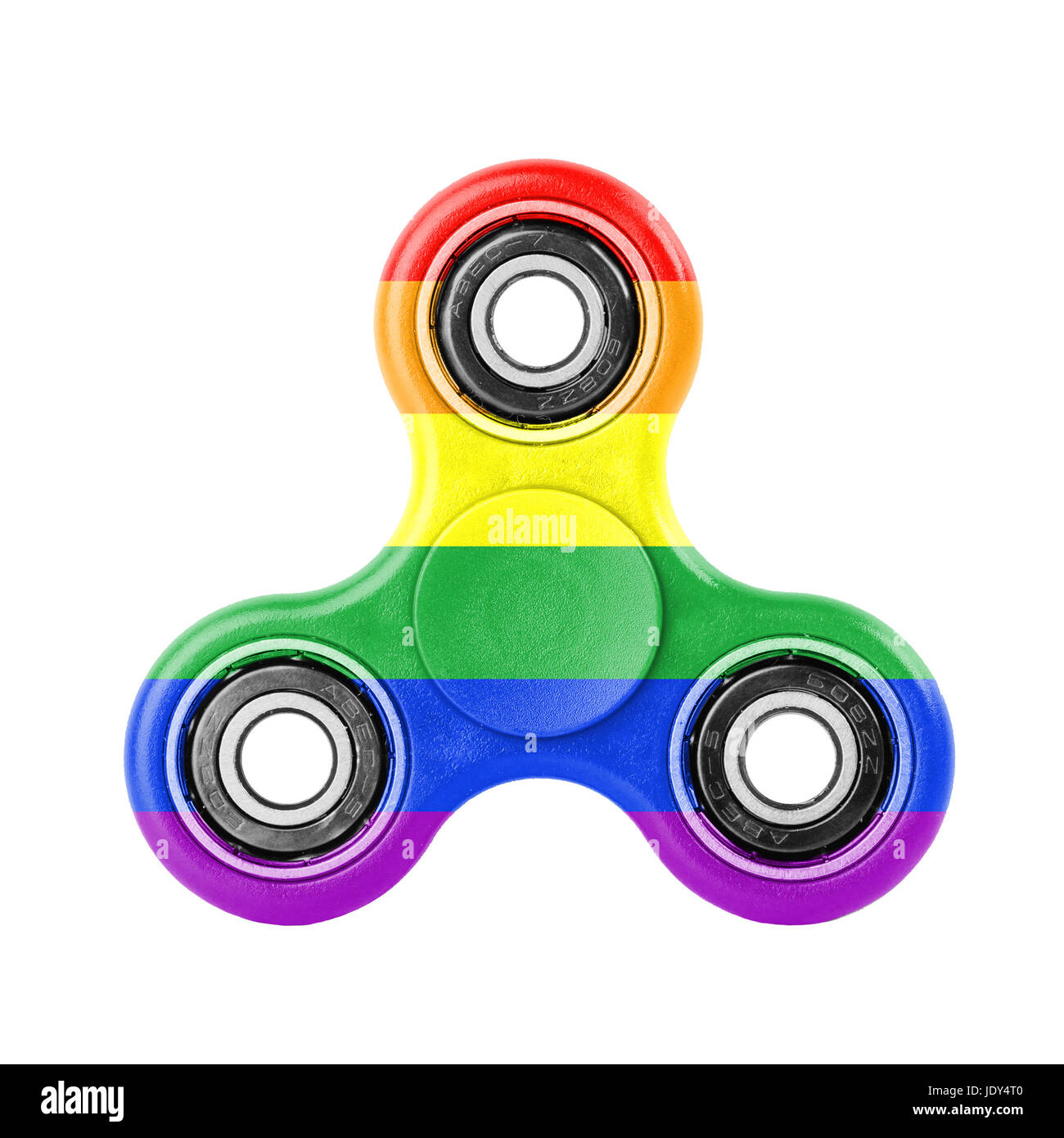 Zappeln Sie Spinner mit Regenbogen Flagge Thema auf weißem Hintergrund. Stockfoto