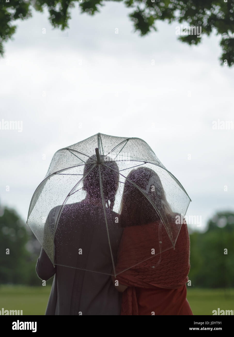 Zwei Frauen gehen im Regen Parken und zu sprechen. Freundschaft und Menschen Kommunikation. Regnerisch Stockfoto