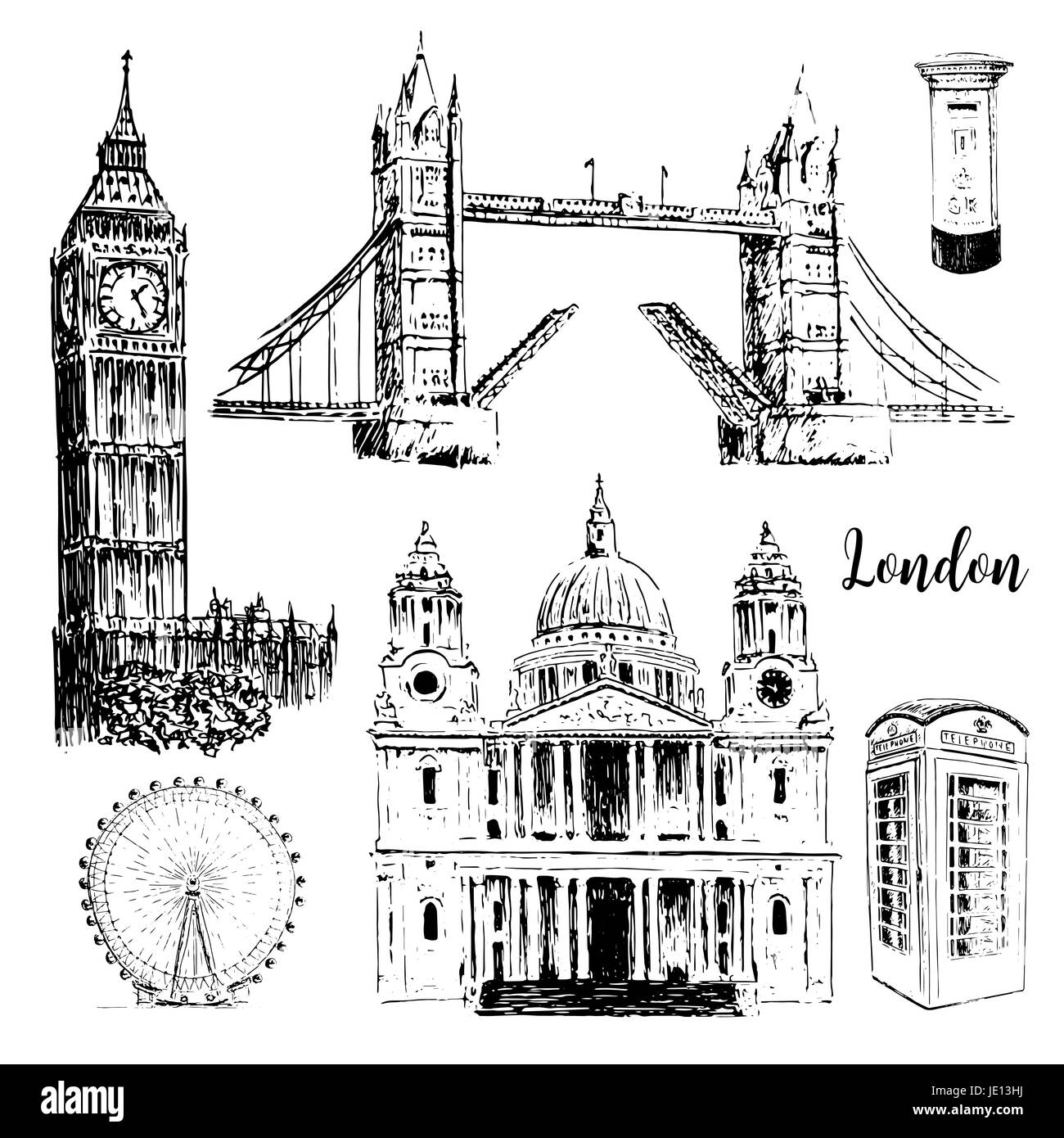 Architektursymbole London: St. Paul Cathedral, Tower Bridge, London Eye und Big Ben. Wunderschöne handgezeichnete Skizze Vektorgrafik. Für Drucke t Stock Vektor
