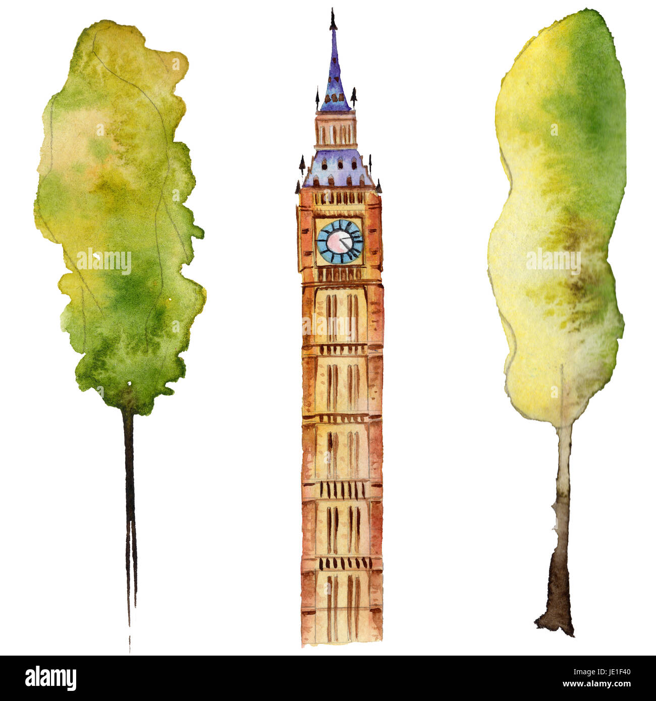 Aquarell London Abbildung. Great Britain hand gezeichnete Symbole. Big Ben. Stockfoto