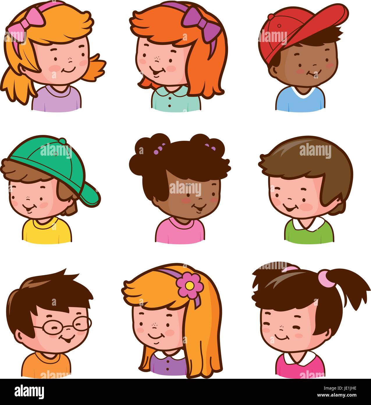 Diverse Kinder-Gesichter. Kinder, jungen und Mädchen Gesichter. Vektor-illustration Stock Vektor