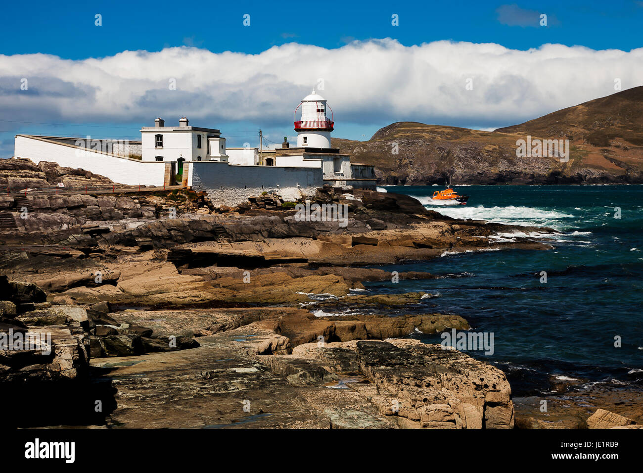 Ein Foto von Valentia Leuchtturm bei Ebbe, in Co. Kerry, Irland Stockfoto