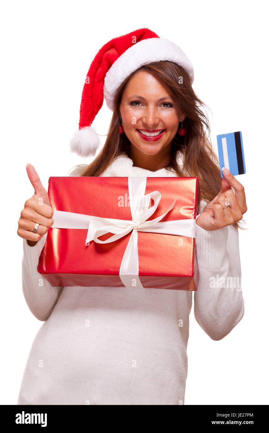 Lachende Junge Frau Mit Weihnachtsmütze Und Großem Geschemn Mit Kreditkarte Isoliert Auf Weißem Hintergrund Stockfoto