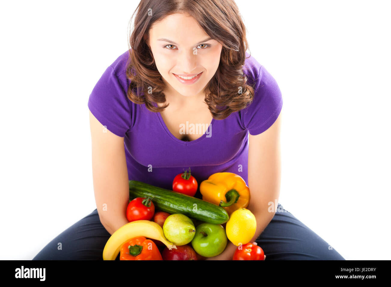 Gesunde Ernährung, fröhliche Frau mit Obst und Gemüse Stockfoto