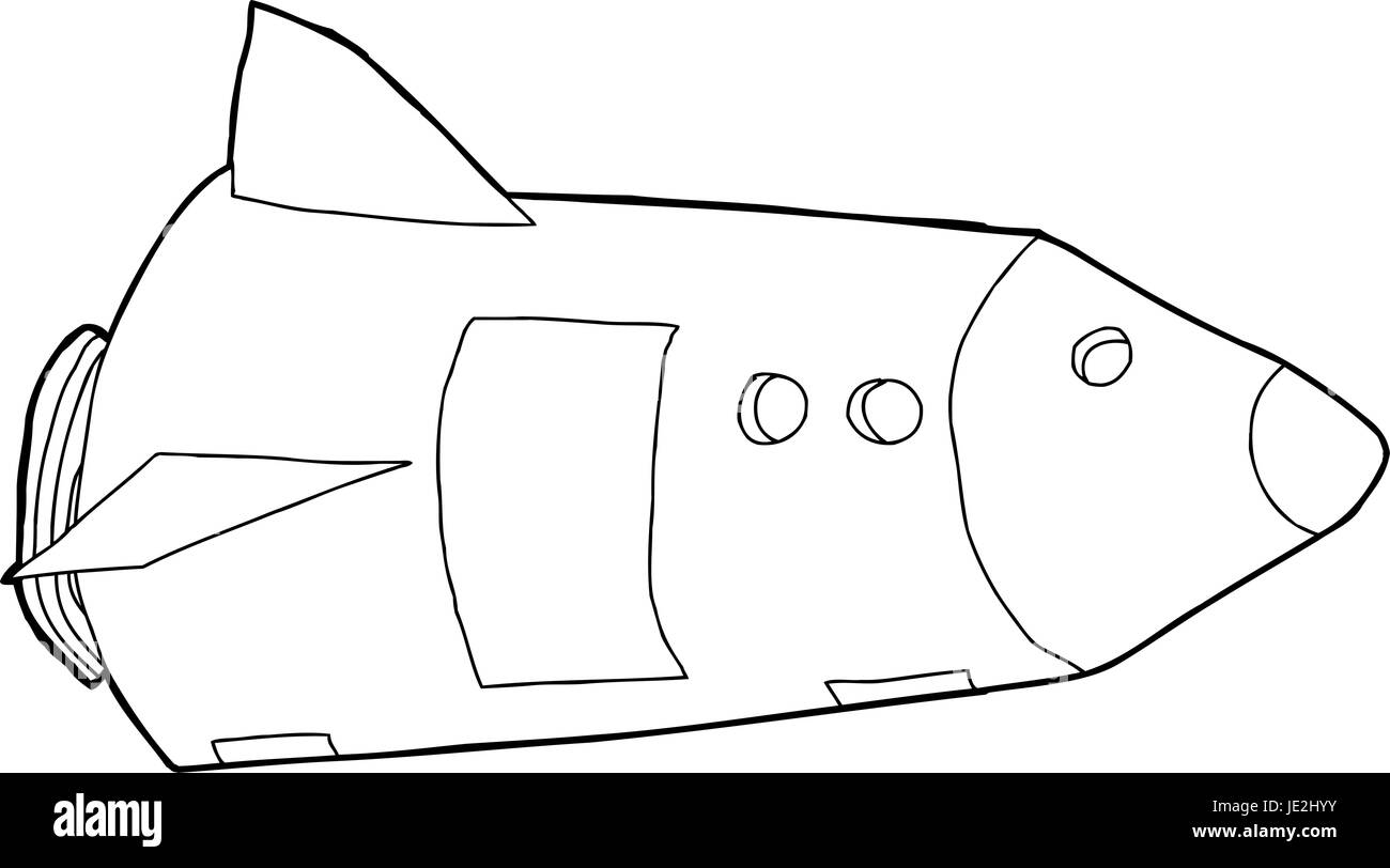 Umriss Cartoon Weltraumrakete auf weißem Hintergrund Stockfoto