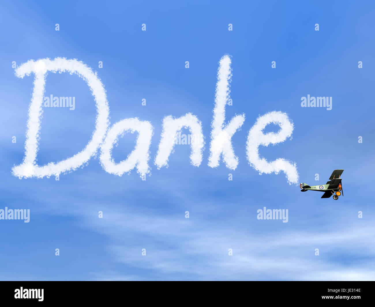 Danke, deutsche Dankesnachricht vom Biplan Rauch im blauen Himmel - 3D render Stockfoto