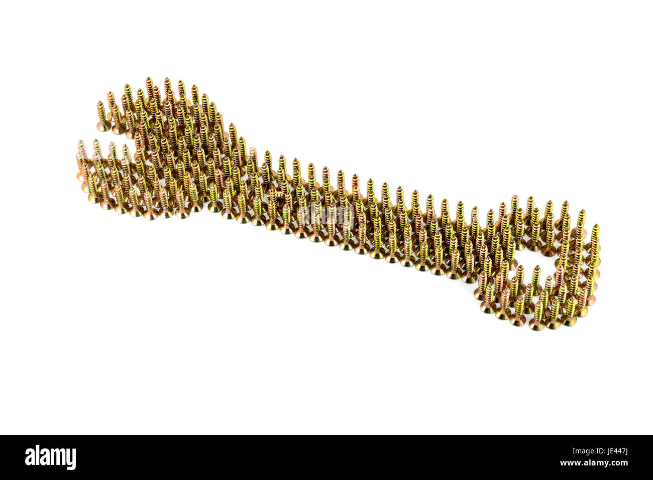 Doppelseitige Schraubenschlüssel angelegt auf weiß mit goldenen galvanisierter selbst-Anzapfungen isoliert auf weißem Hintergrund Stockfoto