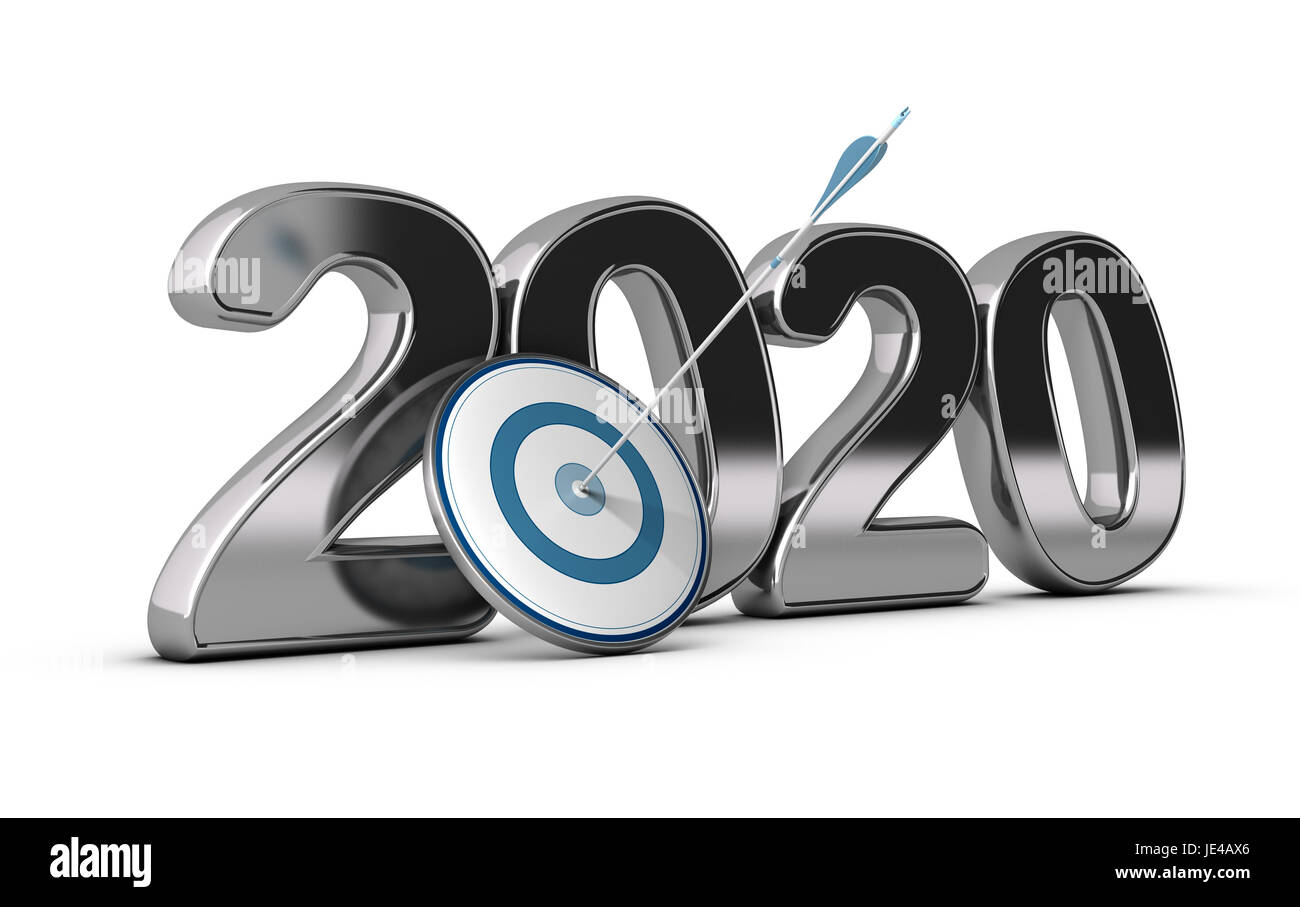 2020 Jahr nämlich zwei tausend zwanzig auf Ziel und ein Pfeil trifft das Zentrum. Konzeptbild auf weißem Hintergrund zur Veranschaulichung der langfristigen Ziele Stockfoto