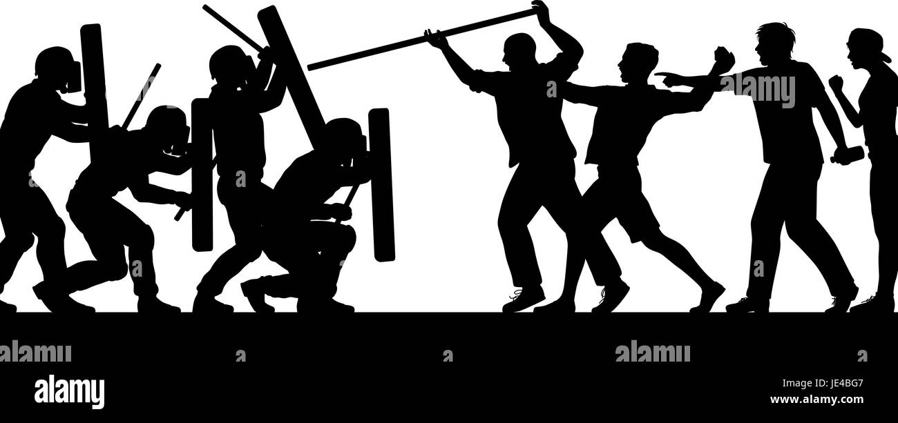 Bearbeitbares Vektor Vordergrund Silhouette der Bereitschaftspolizei und ein wütender Mob mit Figuren als separate Objekte Stock Vektor