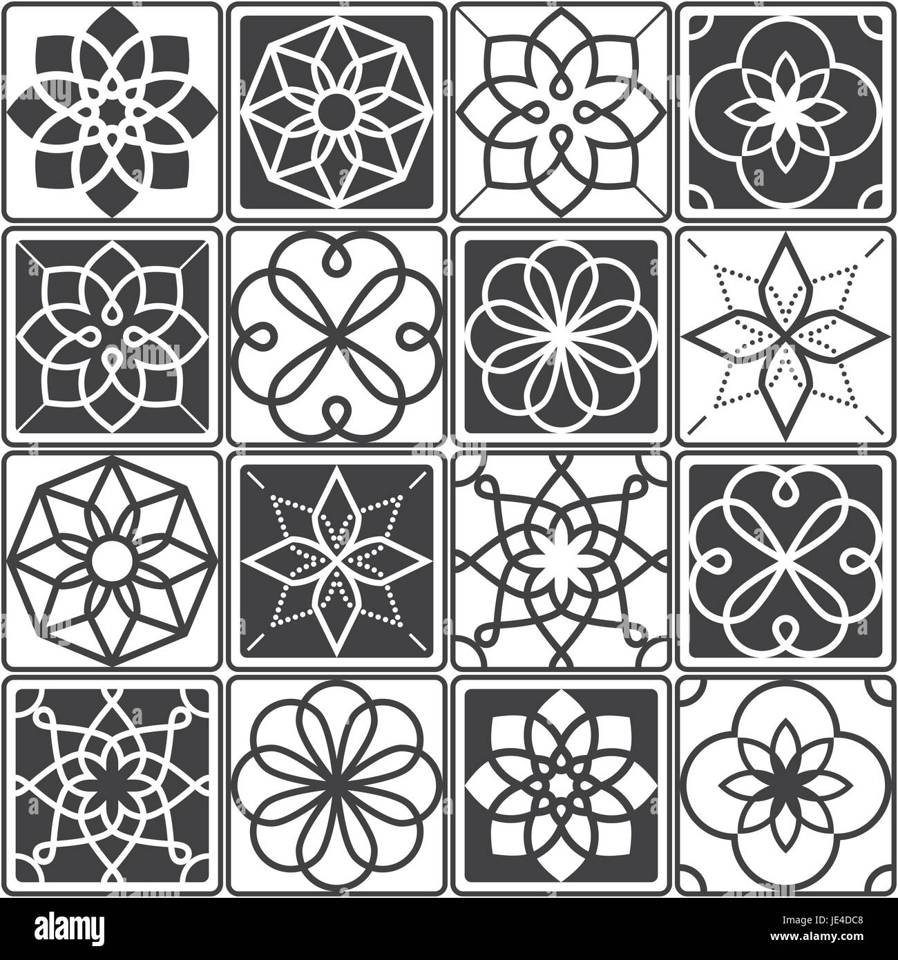 Portugiesischen Azulejo-Fliesen Design, nahtlose geometrische Muster-Kollektion in dunkelgrau Stock Vektor