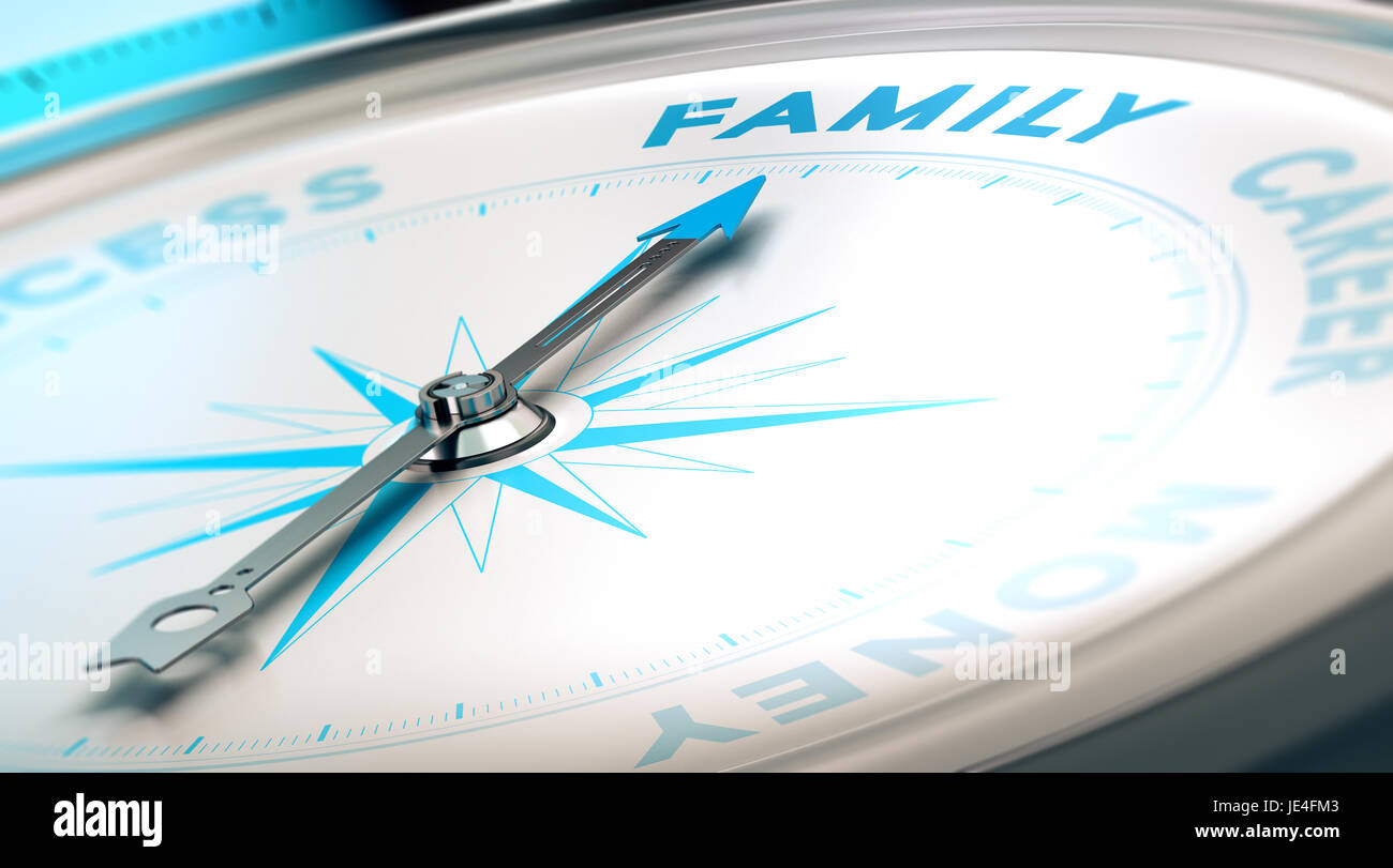 Psychologie-Konzept, Familie Vs Karriere. Kompass zeigt das Wort Familie, blau und Beige Töne. Stockfoto