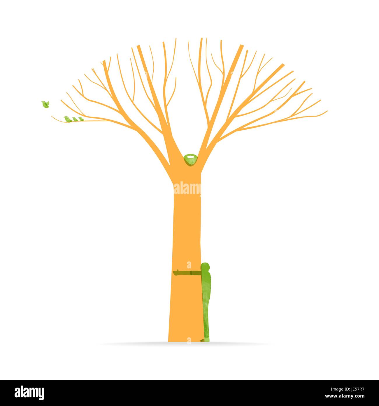 Baum umarmen Illustration mit Mann Silhouette und Vögel, Umwelt Liebe Konzeptdesign für Natur-Help-Projekt. EPS10 Vektor. Stock Vektor