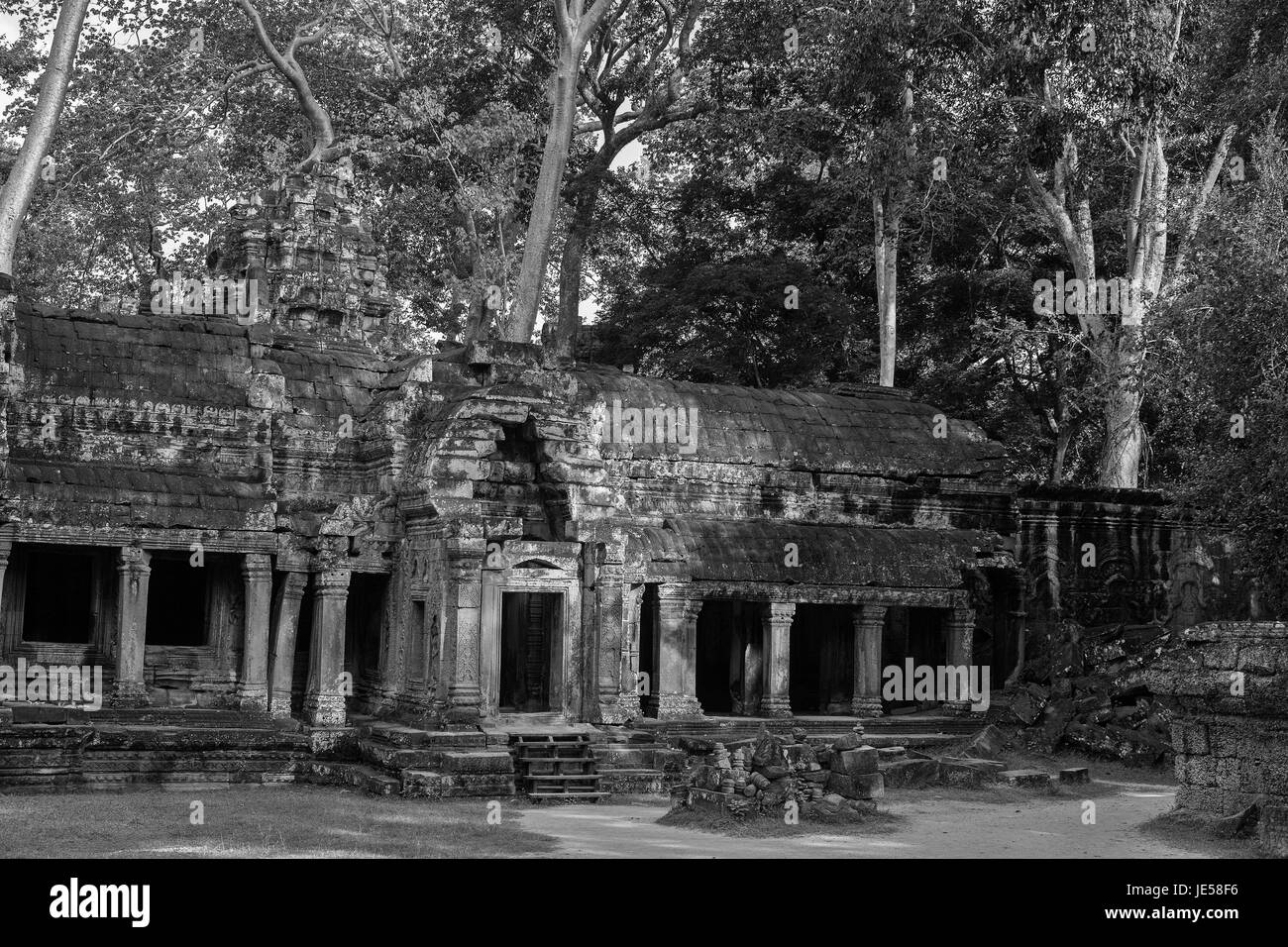 Teil der West Gopura zwischen dem dritten und dem faulengehege, Ta Prohm, Angkor, Siem Reap, Kambodscha: Schwarz-weiße Version Stockfoto