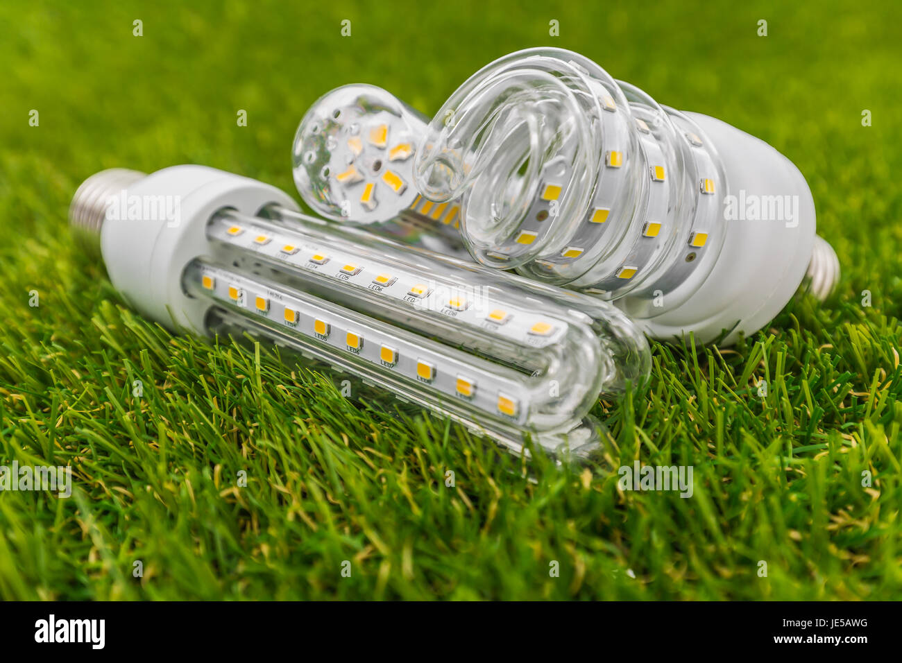 verschiedene Arten von ökologischen und ökonomischen E27 LED Birnen ähnliche Form als CFL Lampen auf der grünen Wiese Stockfoto