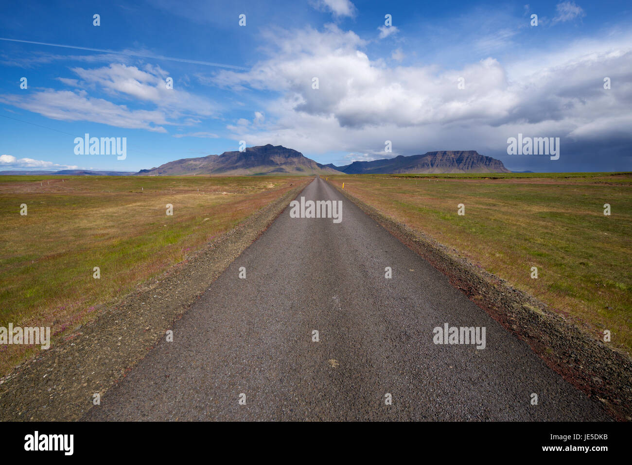 Einsame Straße führt in die Ferne auf Islands Snaefellsness Halbinsel, ein paar Stunden nördlich von Reykjavik. Stockfoto