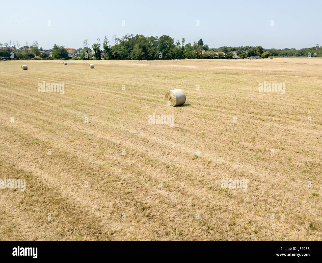 Natur und Landschaft: Luftaufnahme von einem Feld, gepflügtes Feld, Anbau, grasgrün, Landschaft, Landwirtschaft, Heuhaufen, Heuballen Stockfoto