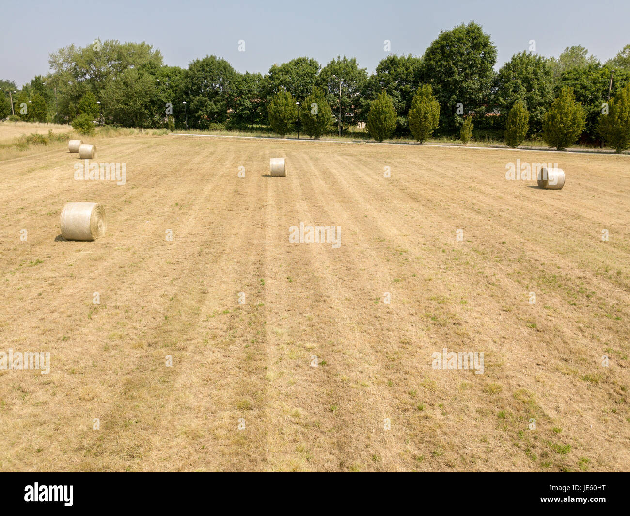 Natur und Landschaft: Luftaufnahme von einem Feld, gepflügtes Feld, Anbau, grasgrün, Landschaft, Landwirtschaft, Heuhaufen, Heuballen Stockfoto