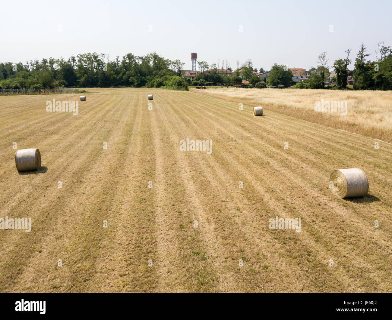 Natur und Landschaft: Luftaufnahme von einem Feld, gepflügtes Feld, Anbau, grasgrün, Landschaft, Landwirtschaft, Heuhaufen, Heuballen Stockfoto