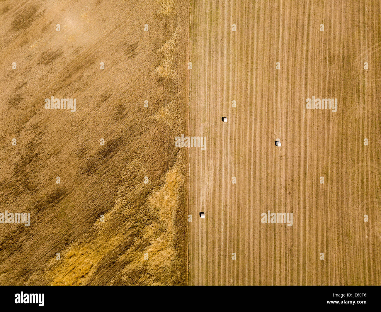 Natur und Landschaft: Luftaufnahme von einem Feld, gepflügtes Feld, Anbau, grasgrün, Landschaft, Landwirtschaft, Heuhaufen, Heuballen Stockfoto