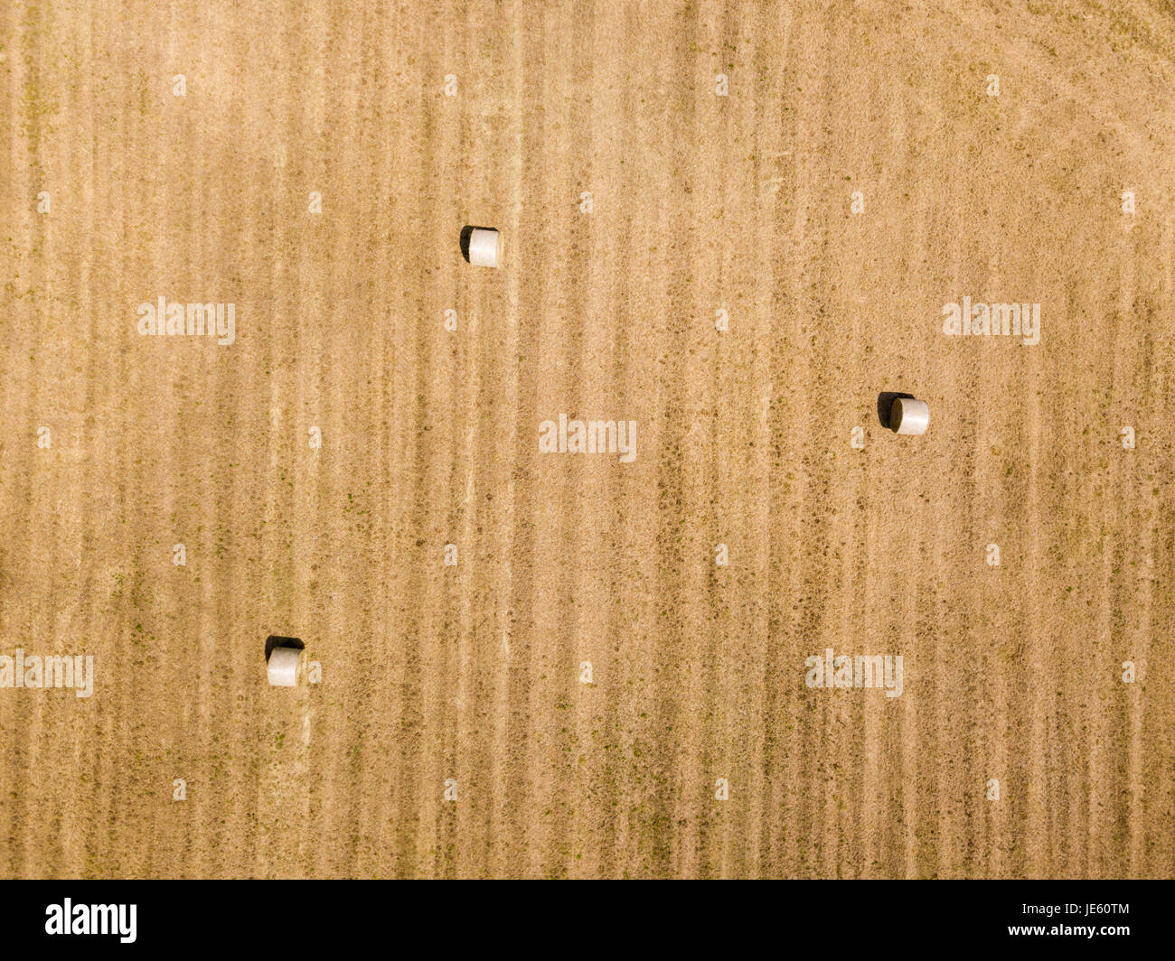 Natur und Landschaft: Luftaufnahme von einem Feld, gepflügtes Feld, Anbau, grasgrün, Landschaft, Landwirtschaft, Heuhaufen, Heuballen Stockfoto