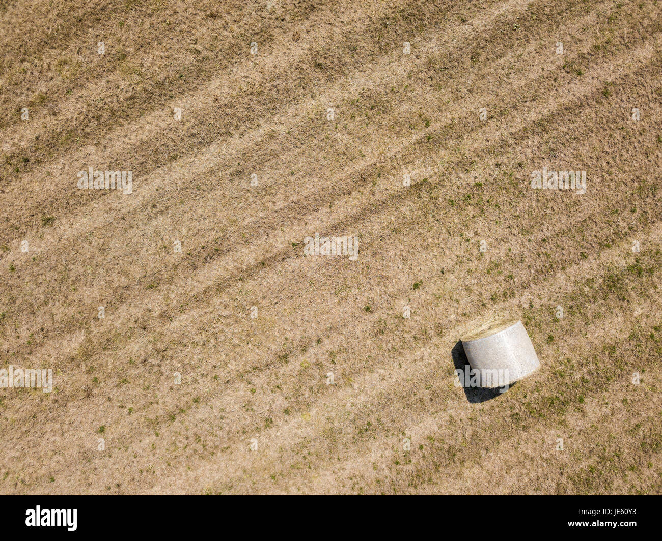 Natur und Landschaft: Luftaufnahme von einem Feld, gepflügtes Feld, Anbau, grasgrün, Landschaft, Landwirtschaft, Heuhaufen, Heuballen Stockfoto