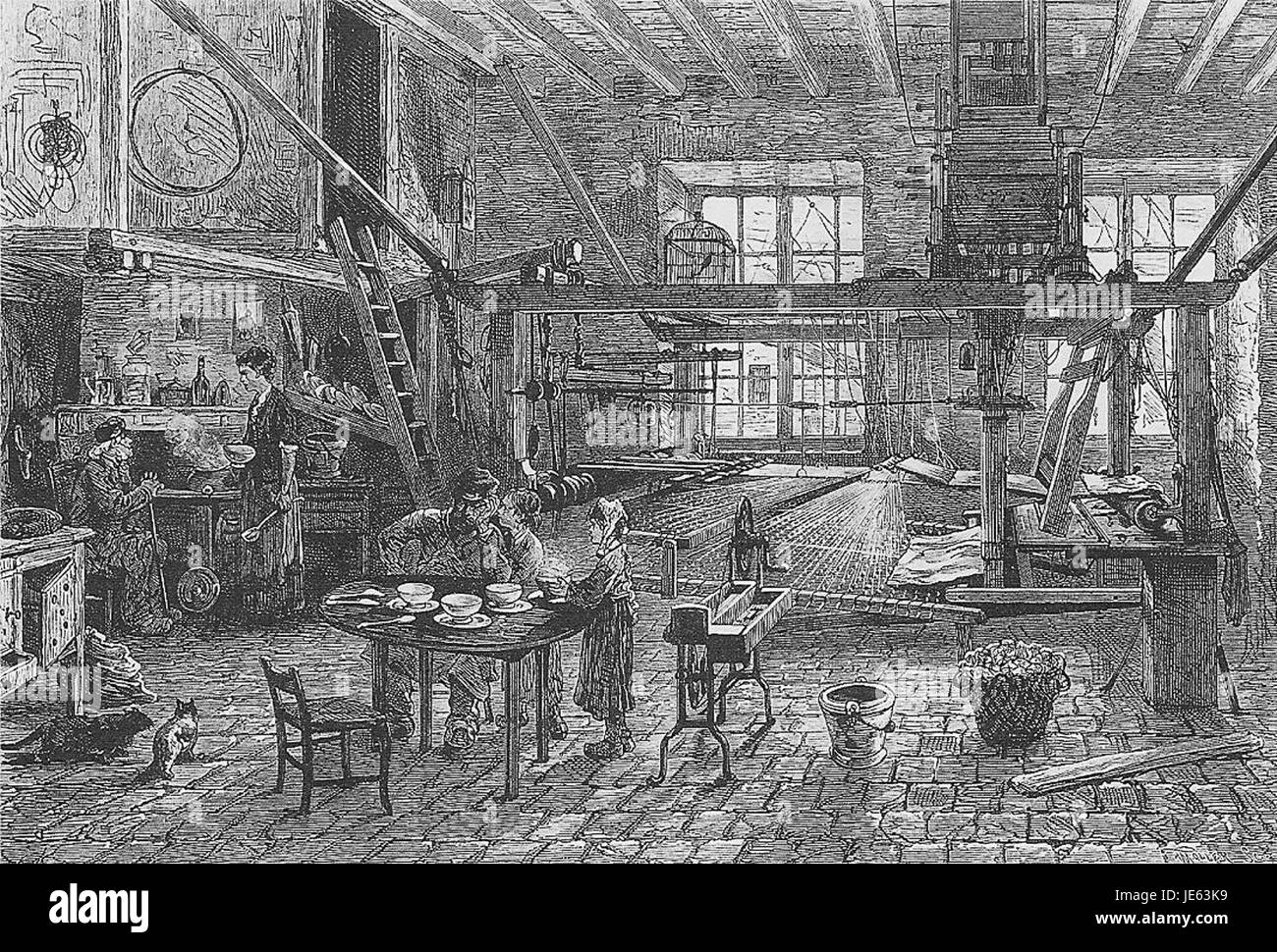 Atelier Canut bezieht sich auf eine historische Webwerkstatt, die vor allem mit der Seidenproduktion in Lyon, Frankreich, verbunden ist und die reiche Textilindustrie und Handwerkskunst der Stadt zeigt. Stockfoto