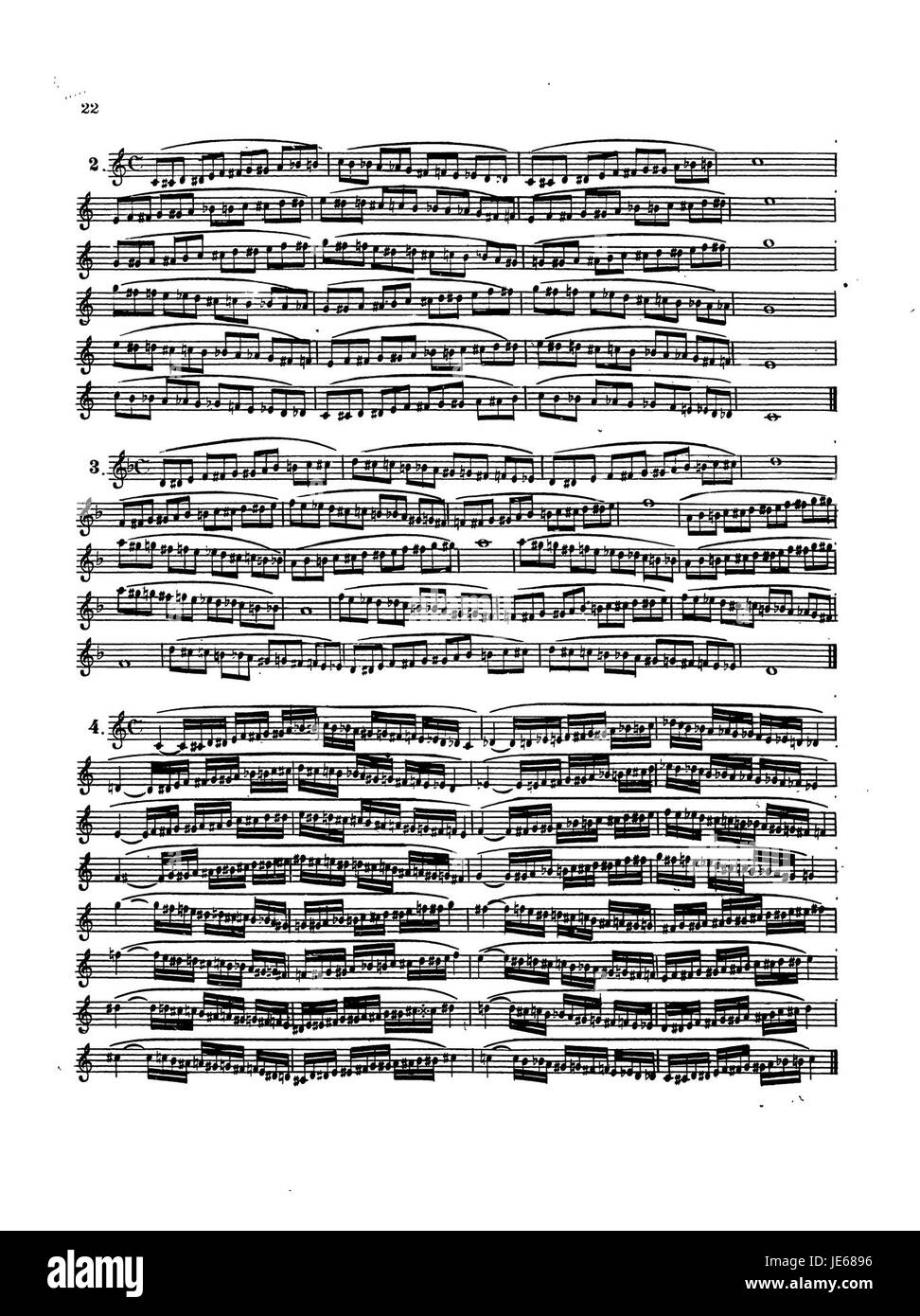 Arbans chromatische Studie auf Seite 22 konzentriert sich auf die Entwicklung von Trompetenspieltechniken, insbesondere die Beherrschung von Skalen und Ton. Die Studie dient als wichtige Ressource für Musiker, die ihre technischen Fähigkeiten in der Blasmusik verbessern wollen. Stockfoto